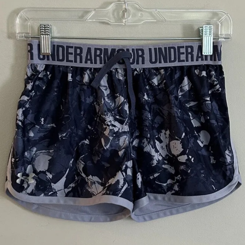 Under Armour Loose Girls Youth L Purple Blue Athletic Running Shorts HeatGear
